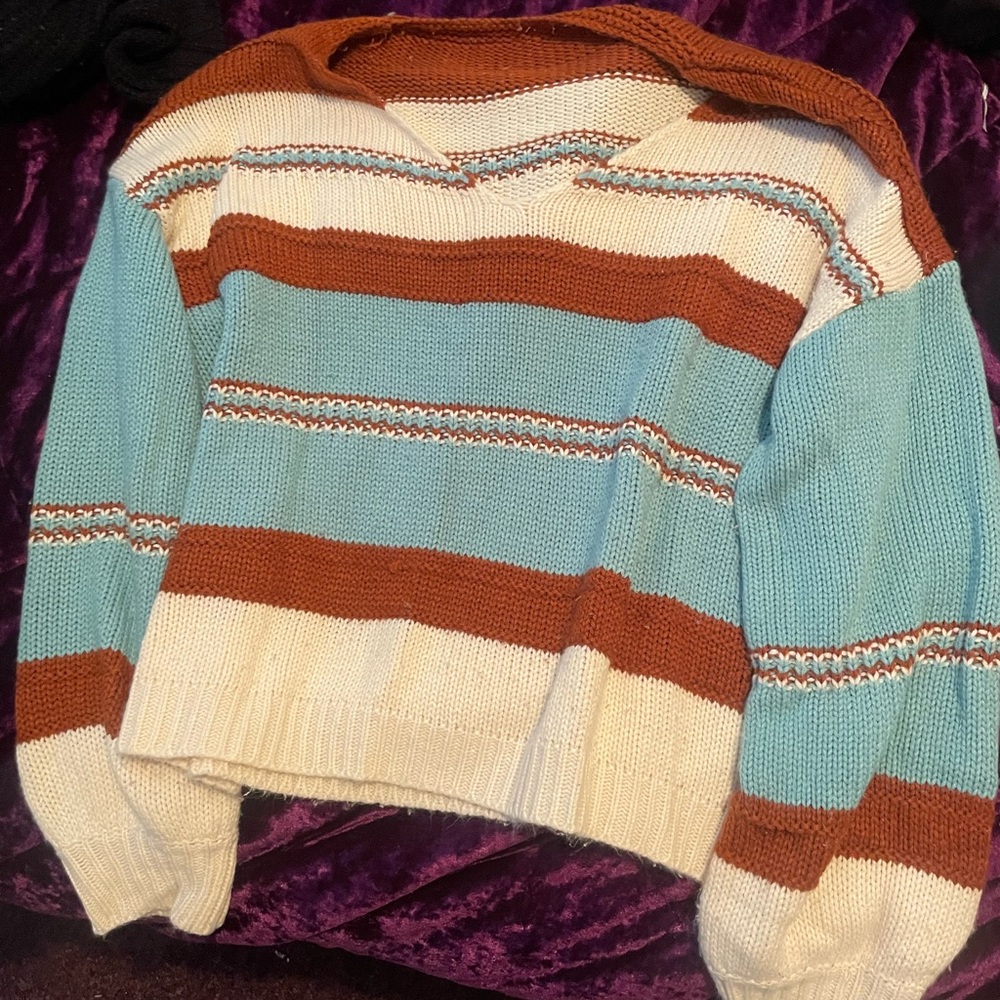 SHEIN Off-Shoulder Sweater in Cream, Brown, and Blue